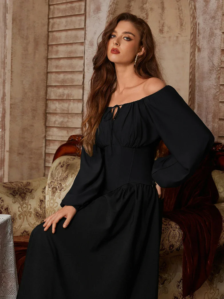 Off Shoulder Long Sleeve Boned Waist Corset Tops - Image 34