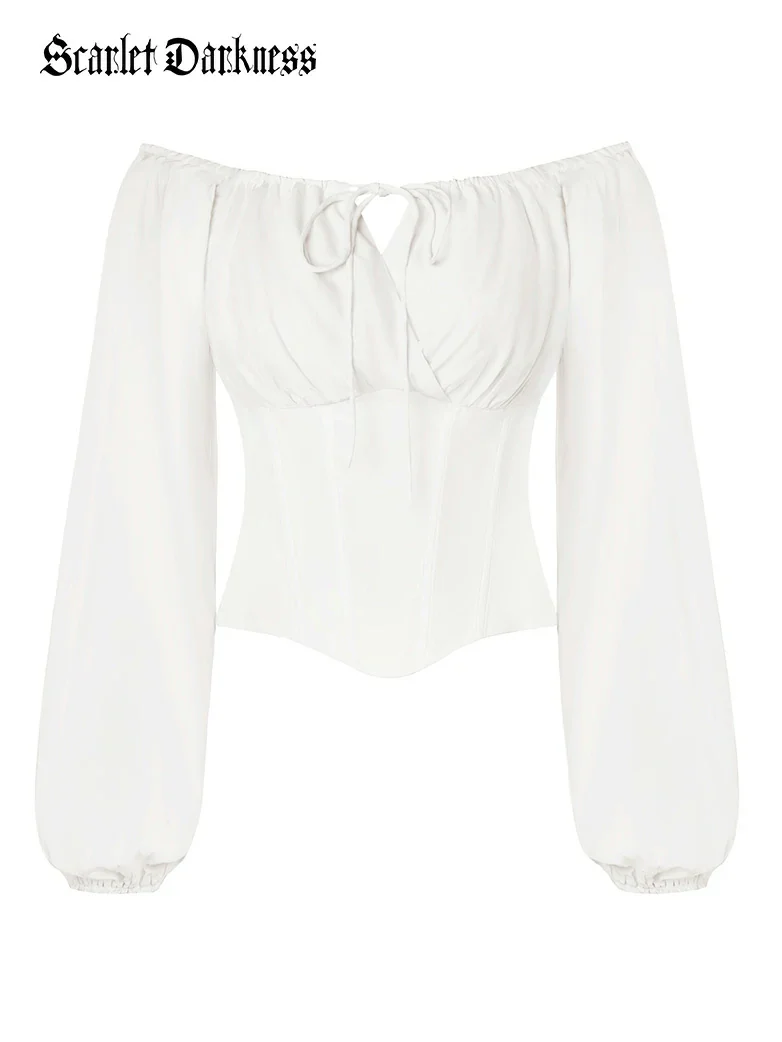 Off Shoulder Long Sleeve Boned Waist Corset Tops - Image 37