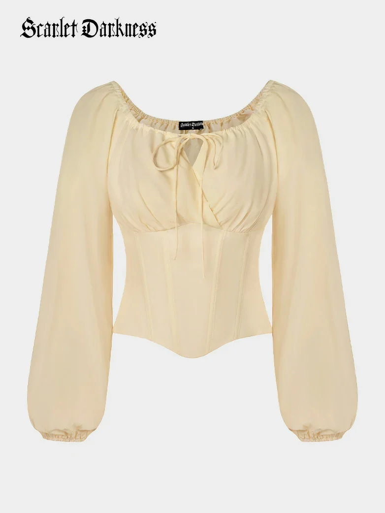Off Shoulder Long Sleeve Boned Waist Corset Tops - Image 42
