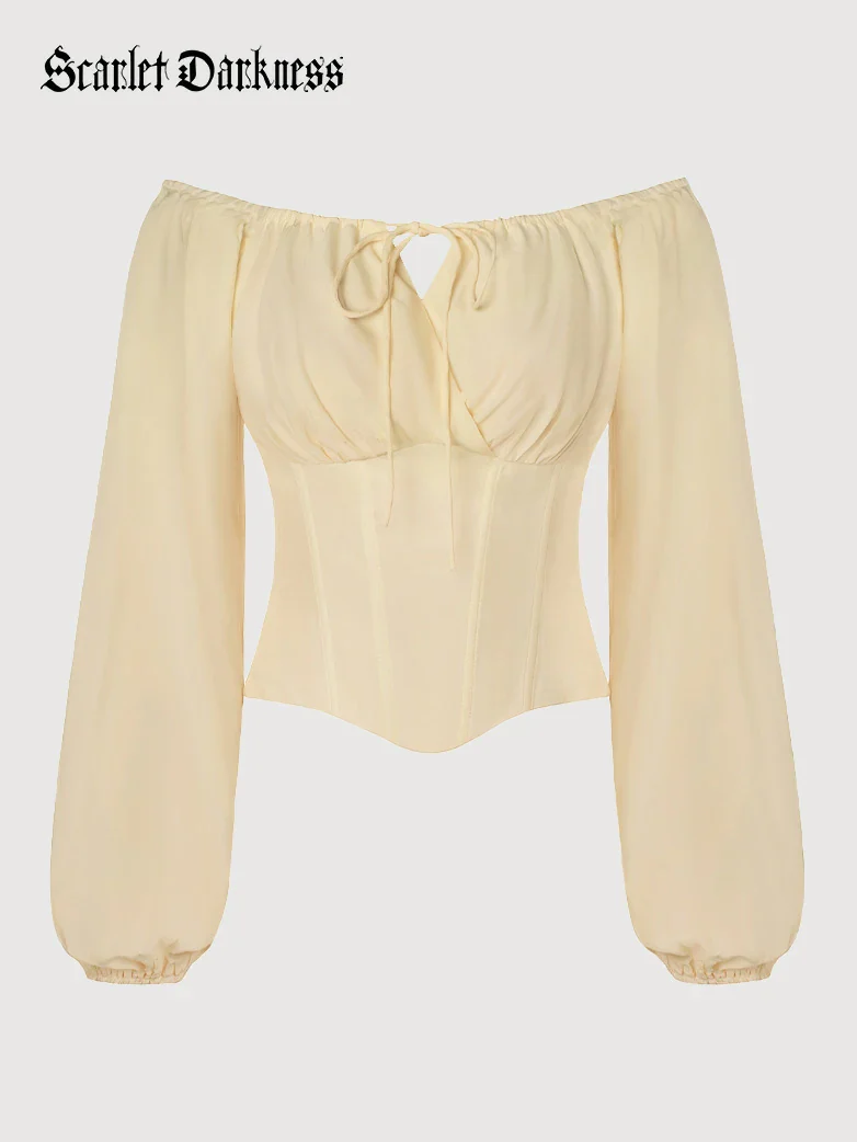 Off Shoulder Long Sleeve Boned Waist Corset Tops - Image 43