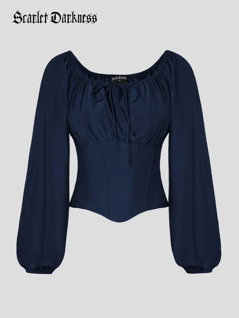 Off Shoulder Long Sleeve Boned Waist Corset Tops - Image 49