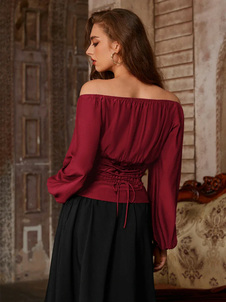 Off Shoulder Long Sleeve Boned Waist Corset Tops - Image 5