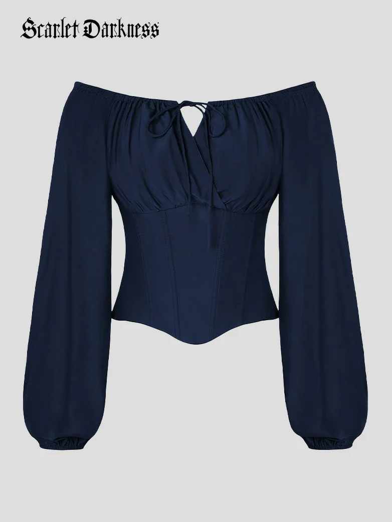 Off Shoulder Long Sleeve Boned Waist Corset Tops - Image 50