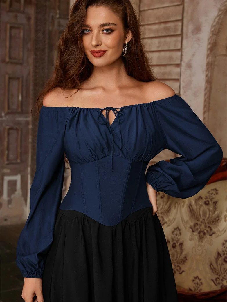 Off Shoulder Long Sleeve Boned Waist Corset Tops - Image 51