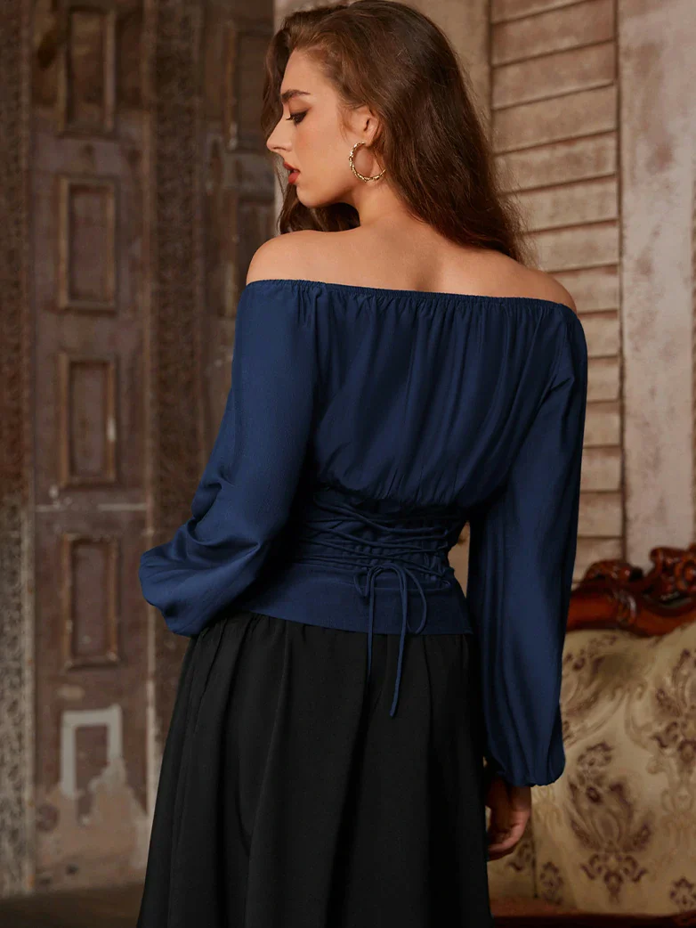 Off Shoulder Long Sleeve Boned Waist Corset Tops - Image 53