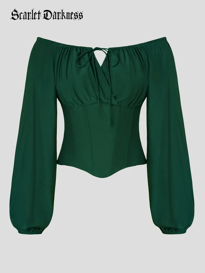 Off Shoulder Long Sleeve Boned Waist Corset Tops - Image 8