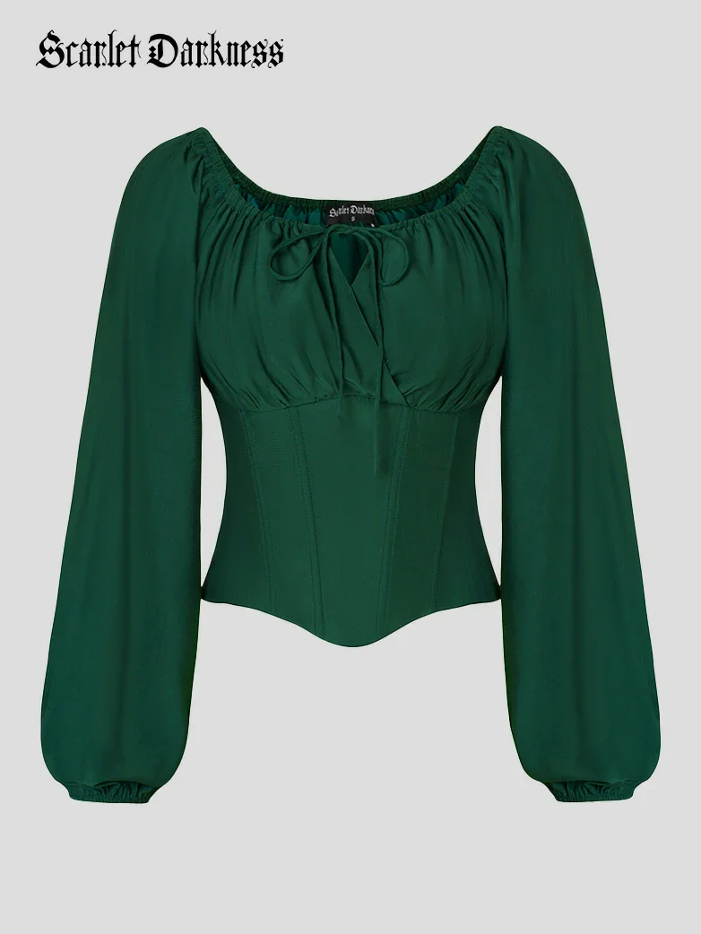 Off Shoulder Long Sleeve Boned Waist Corset Tops - Image 9