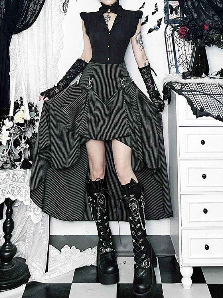 Women Punk High-Low Striped Midi Witch Skirt - Image 2