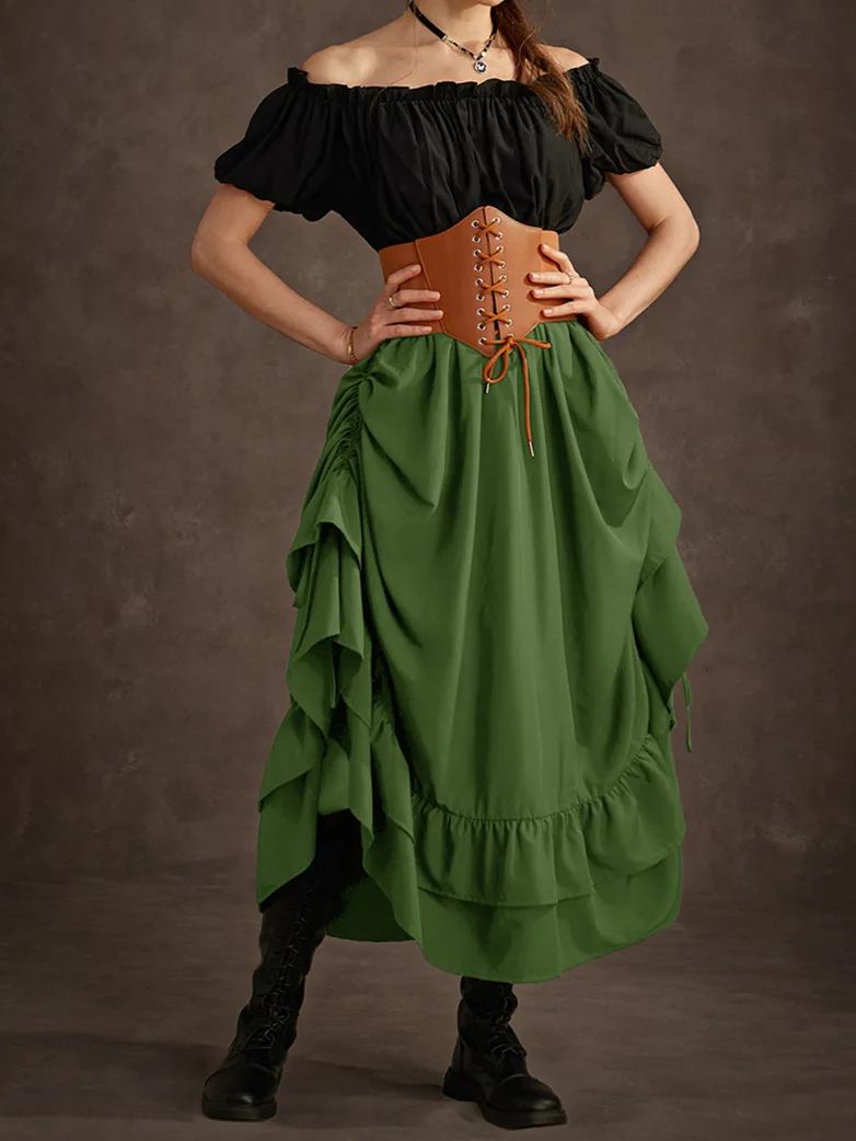 Women Punk Ruffled High-Low Drawstring Skirt - Image 31