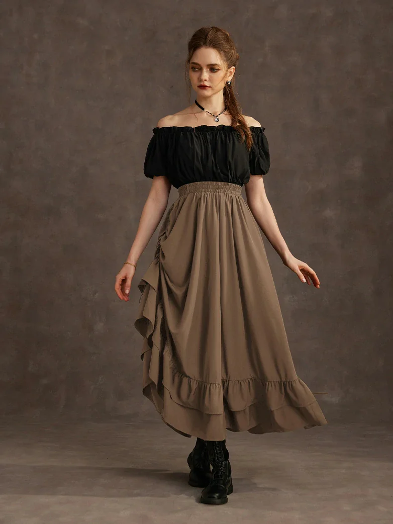 Women Punk Ruffled High-Low Drawstring Skirt - Image 37
