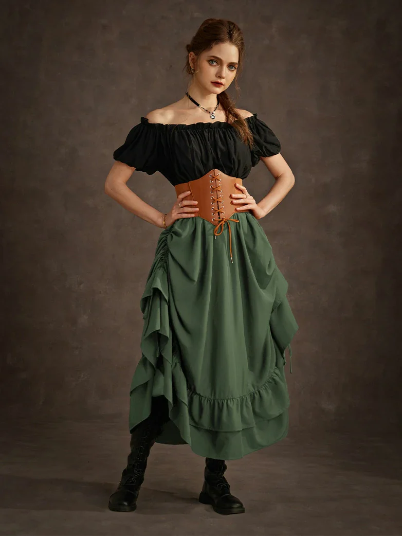 Women Punk Ruffled High-Low Drawstring Skirt - Image 47