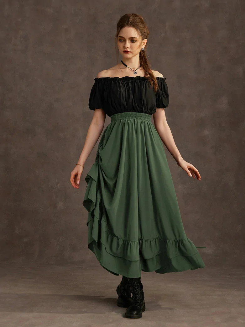 Women Punk Ruffled High-Low Drawstring Skirt - Image 48