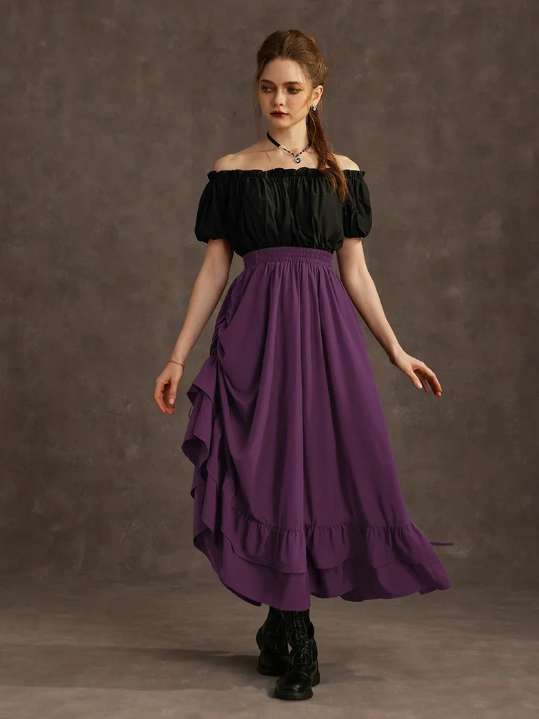 Women Punk Ruffled High-Low Drawstring Skirt - Image 53