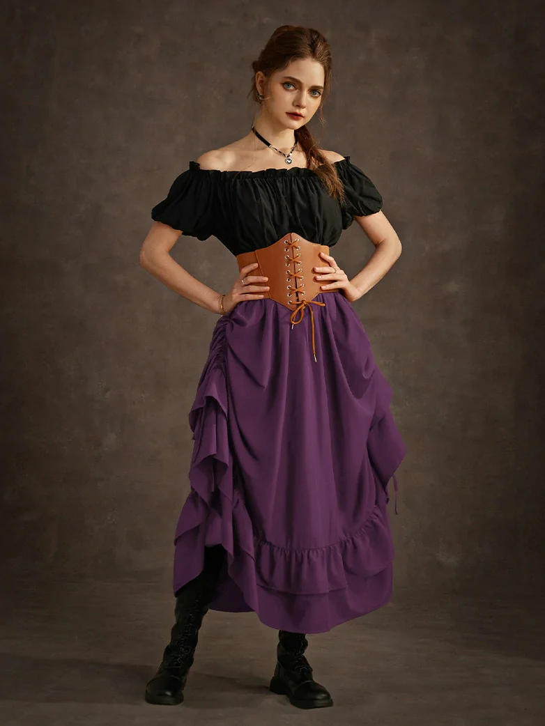 Women Punk Ruffled High-Low Drawstring Skirt - Image 54