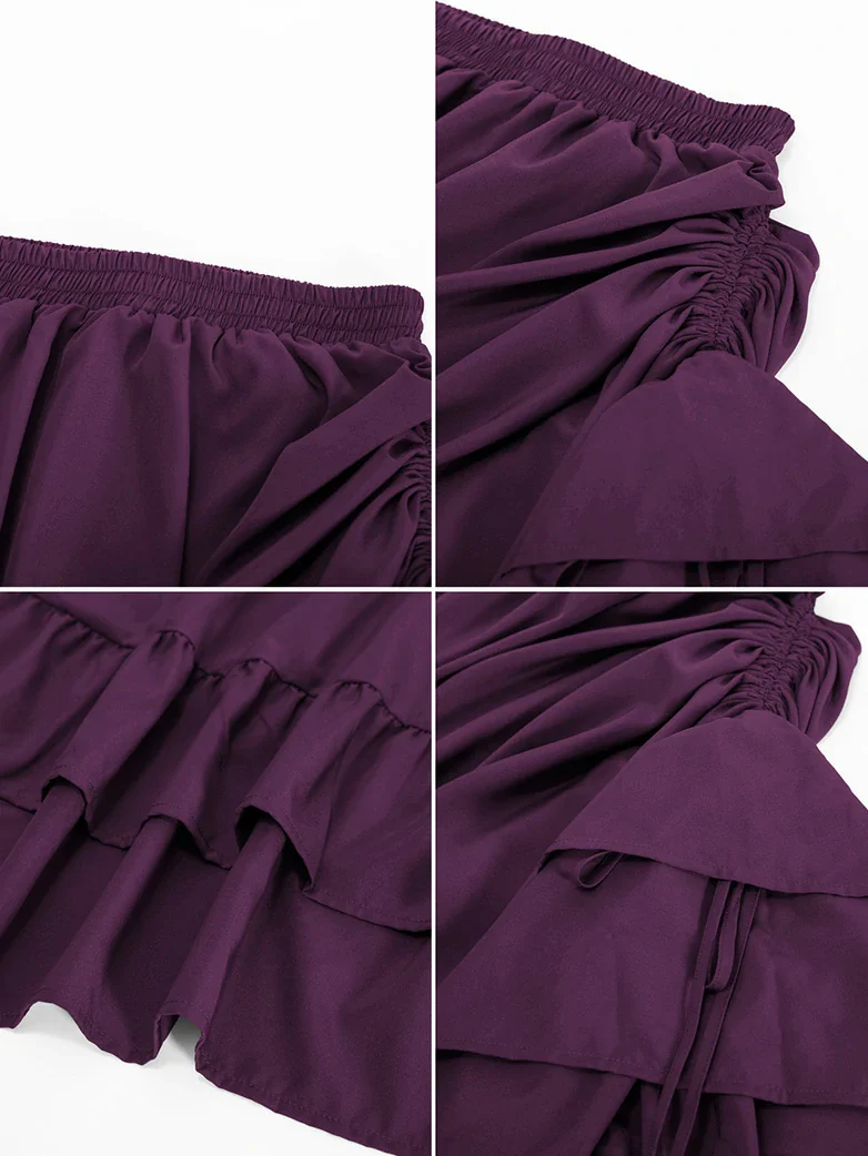 Women Punk Ruffled High-Low Drawstring Skirt - Image 55