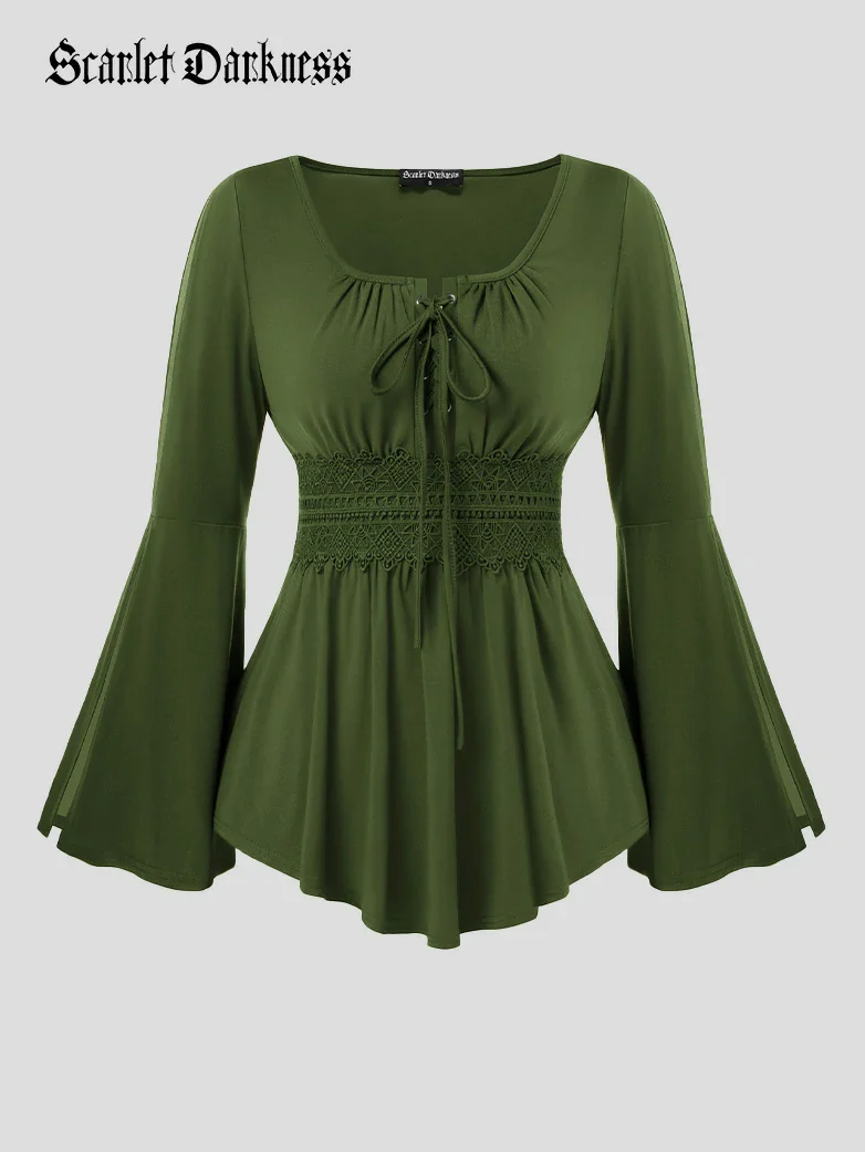 Renaissance Curved Hem Bell Sleeve Slit Tops