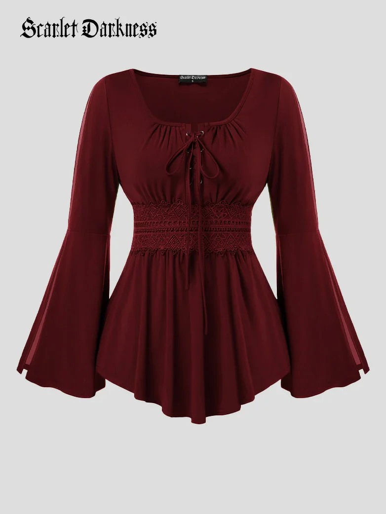 Renaissance Curved Hem Bell Sleeve Slit Tops - Image 11