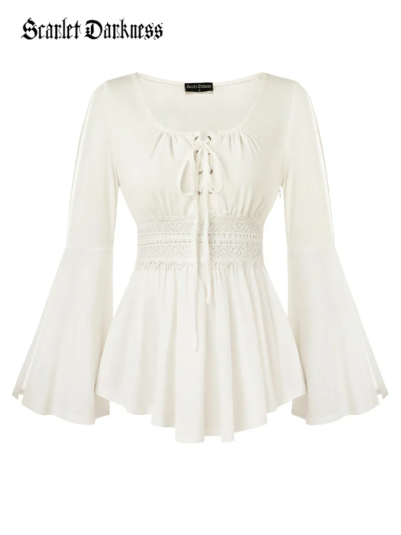 Renaissance Curved Hem Bell Sleeve Slit Tops - Image 16