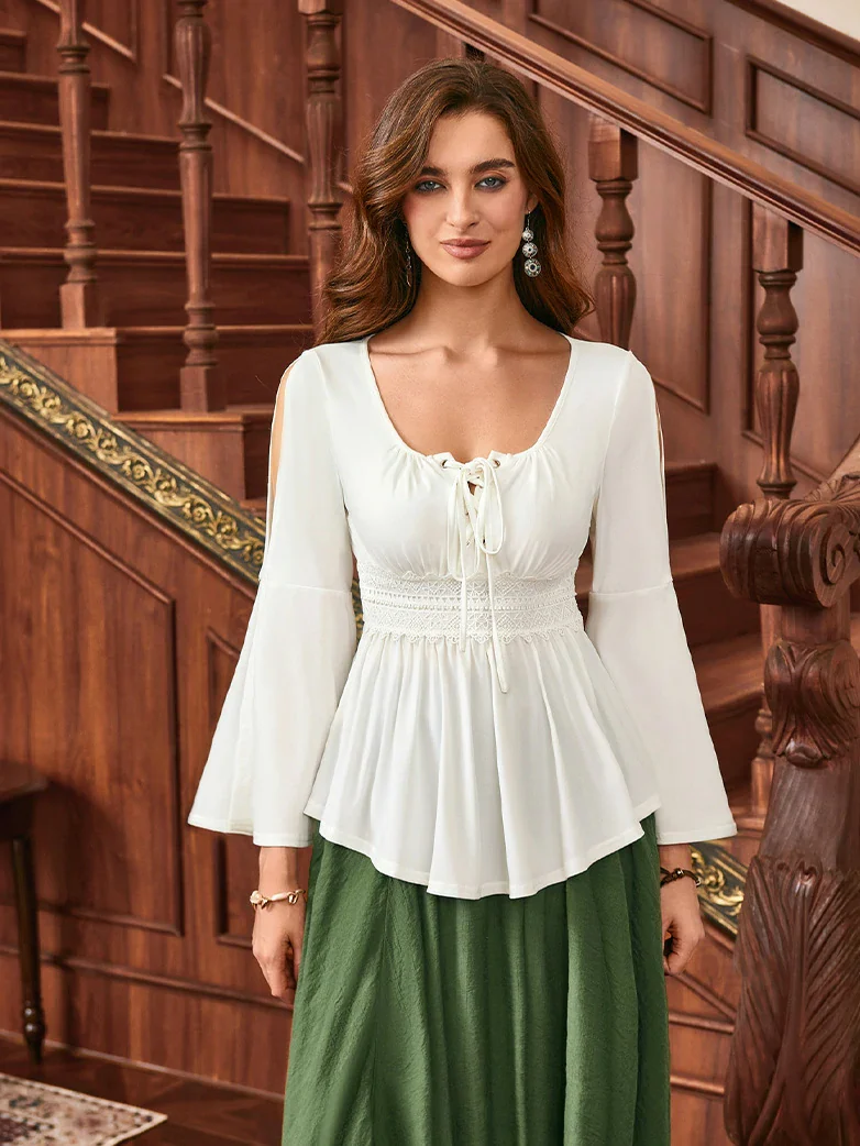 Renaissance Curved Hem Bell Sleeve Slit Tops - Image 17