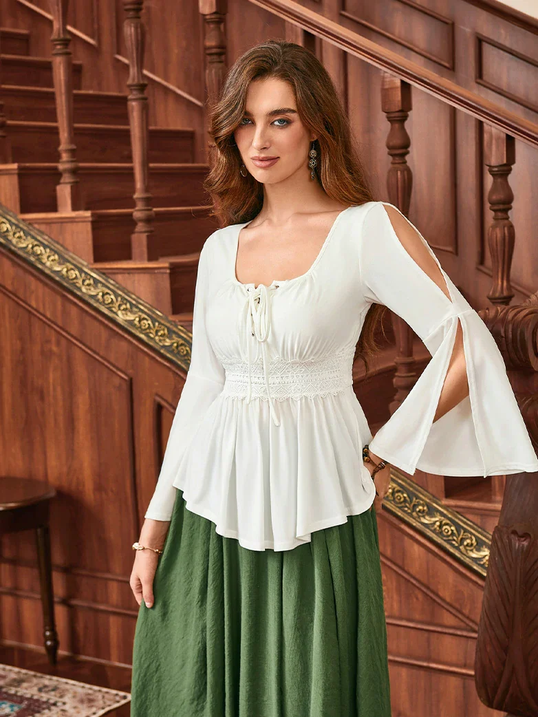 Renaissance Curved Hem Bell Sleeve Slit Tops - Image 18