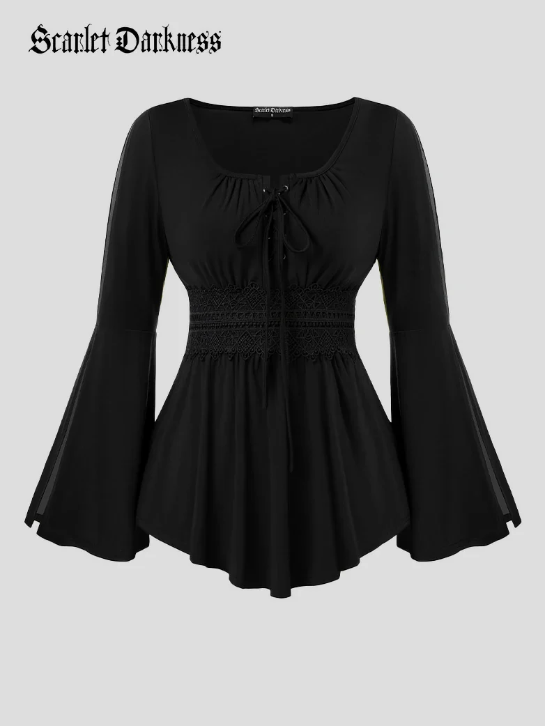 Renaissance Curved Hem Bell Sleeve Slit Tops - Image 21