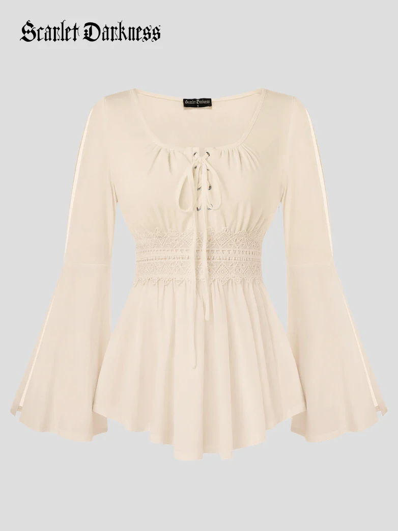Renaissance Curved Hem Bell Sleeve Slit Tops - Image 28