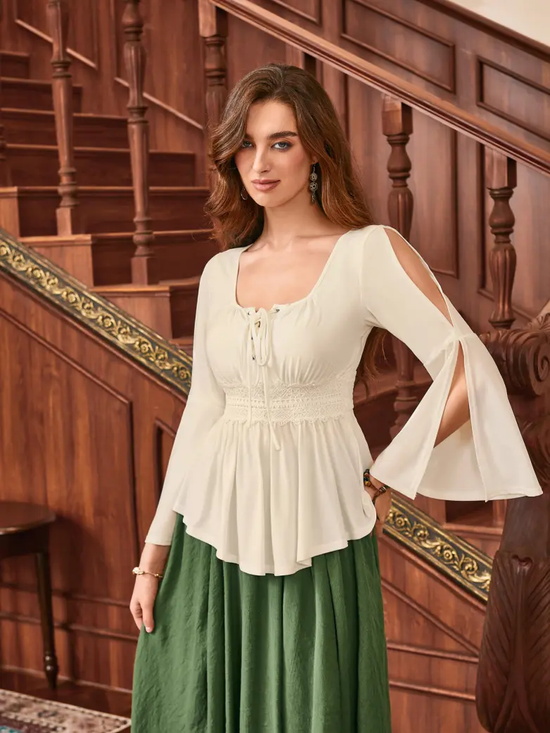 Renaissance Curved Hem Bell Sleeve Slit Tops - Image 30