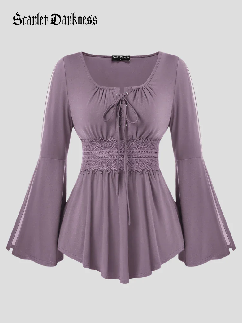 Renaissance Curved Hem Bell Sleeve Slit Tops - Image 7
