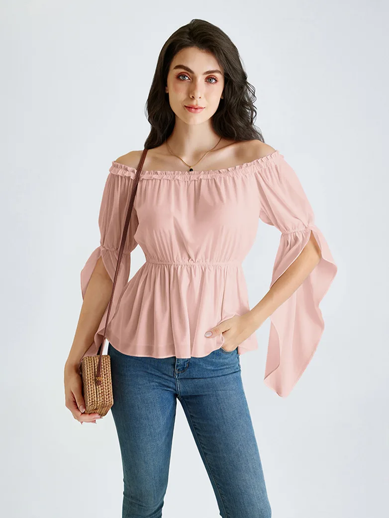 Renaissance Slit Sleeve Off Shoulder Chiffon Tops - Image 22