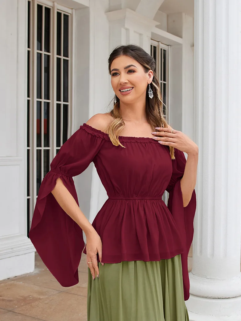 Renaissance Slit Sleeve Off Shoulder Chiffon Tops - Image 25