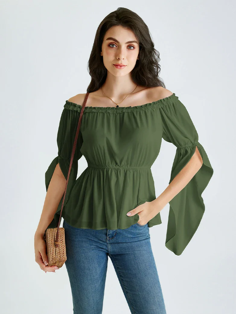 Renaissance Slit Sleeve Off Shoulder Chiffon Tops - Image 29