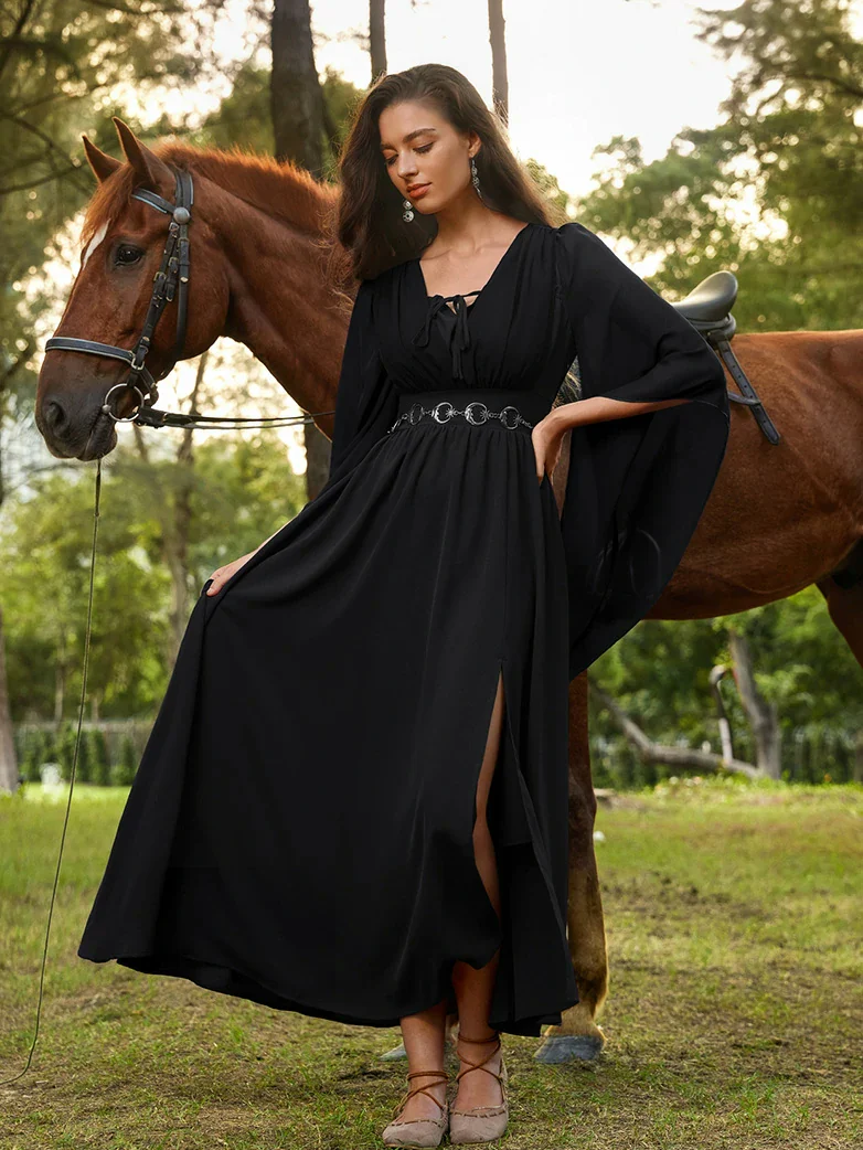 Renaissance Fantasy Front Slit Maxi Pockets Dress - Image 22