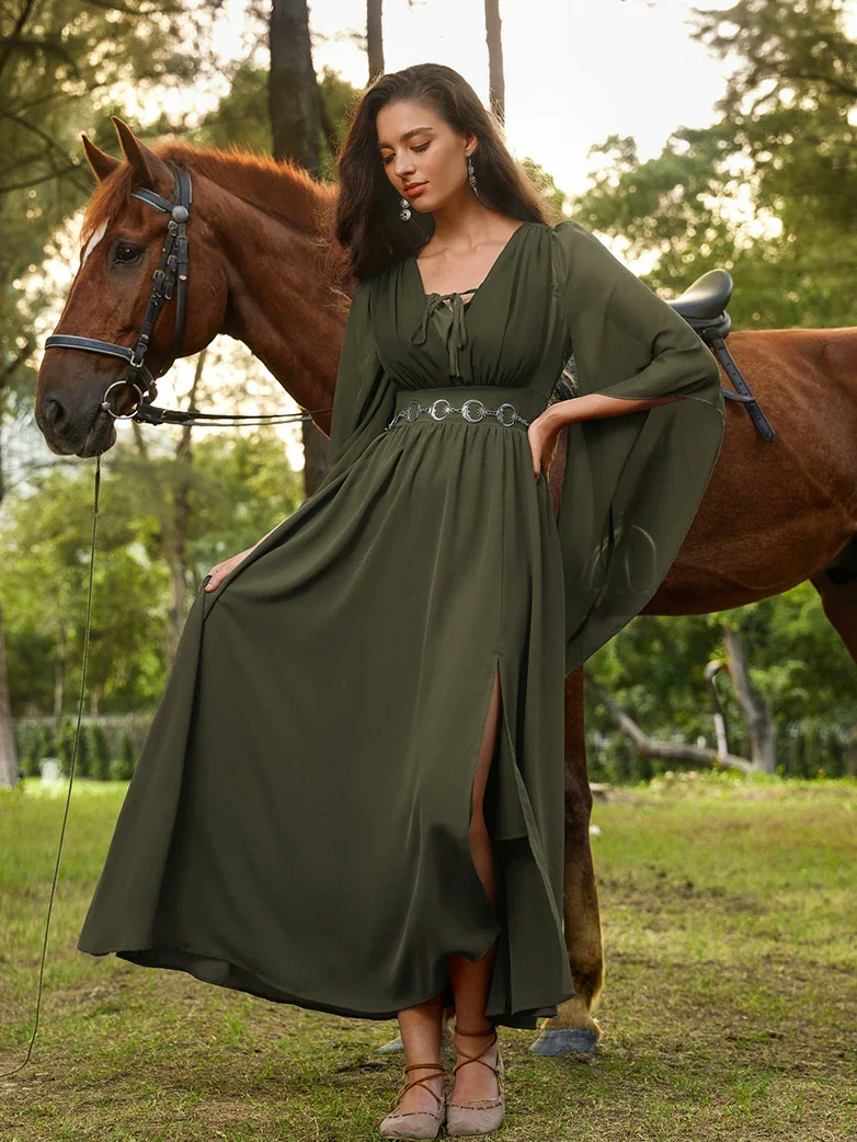 Renaissance Fantasy Front Slit Maxi Pockets Dress - Image 39