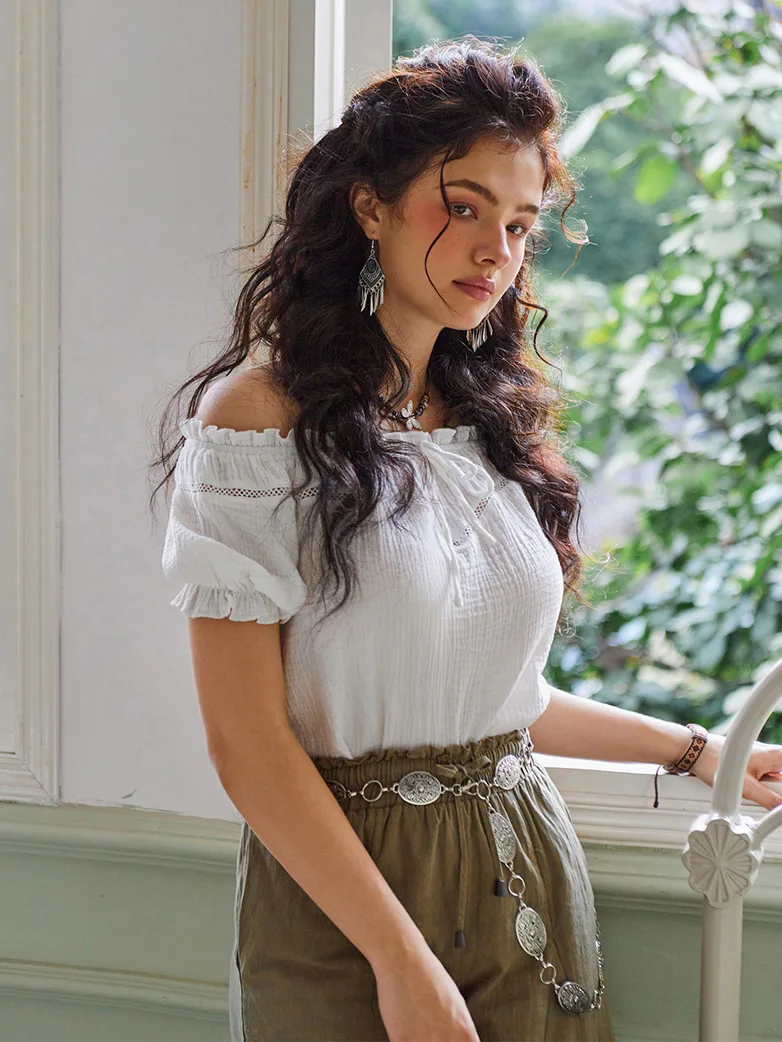 Renaissance Peasant Cotton Off Shoulder Lace-up Tops - Image 10