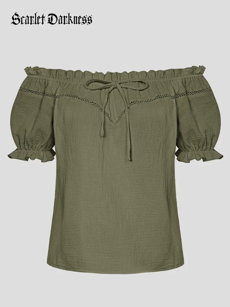 Renaissance Peasant Cotton Off Shoulder Lace-up Tops - Image 12