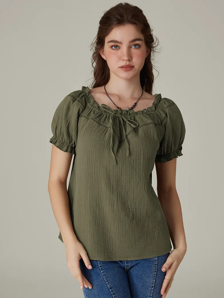 Renaissance Peasant Cotton Off Shoulder Lace-up Tops - Image 13