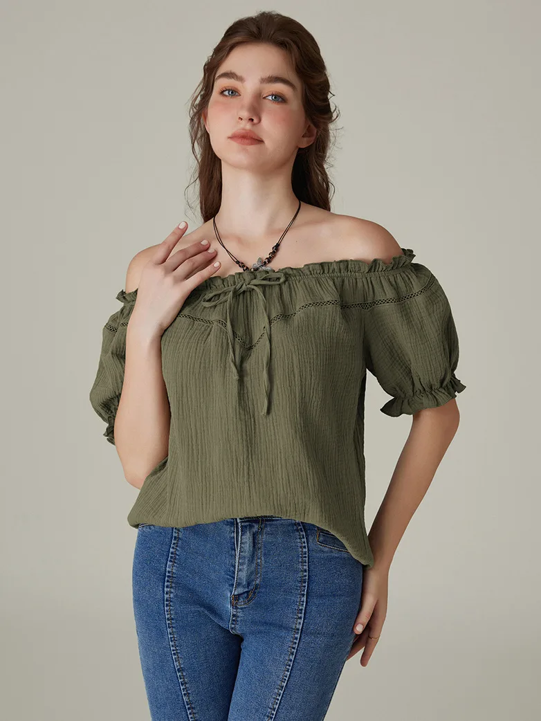 Renaissance Peasant Cotton Off Shoulder Lace-up Tops - Image 14