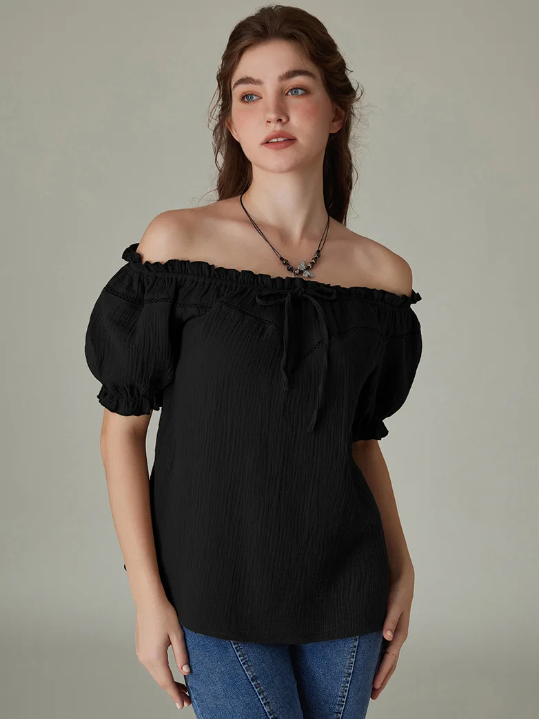 Renaissance Peasant Cotton Off Shoulder Lace-up Tops - Image 18