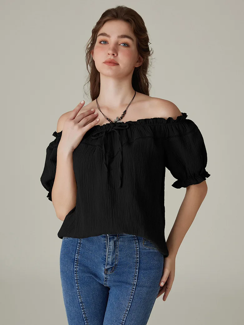 Renaissance Peasant Cotton Off Shoulder Lace-up Tops - Image 19