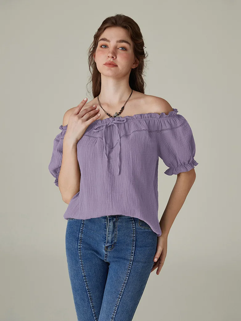 Renaissance Peasant Cotton Off Shoulder Lace-up Tops - Image 21