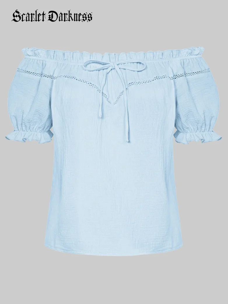 Renaissance Peasant Cotton Off Shoulder Lace-up Tops - Image 25