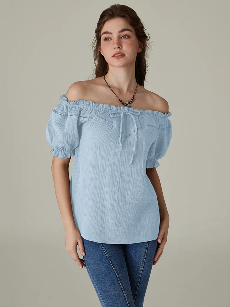 Renaissance Peasant Cotton Off Shoulder Lace-up Tops - Image 26
