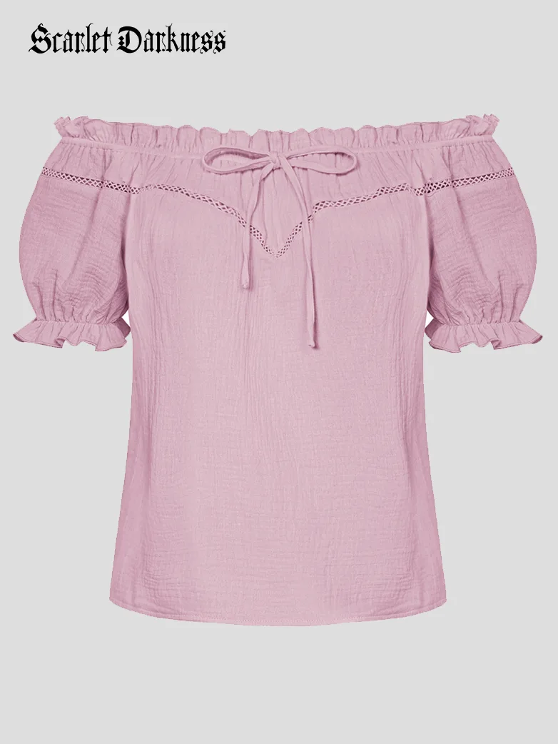 Renaissance Peasant Cotton Off Shoulder Lace-up Tops - Image 31