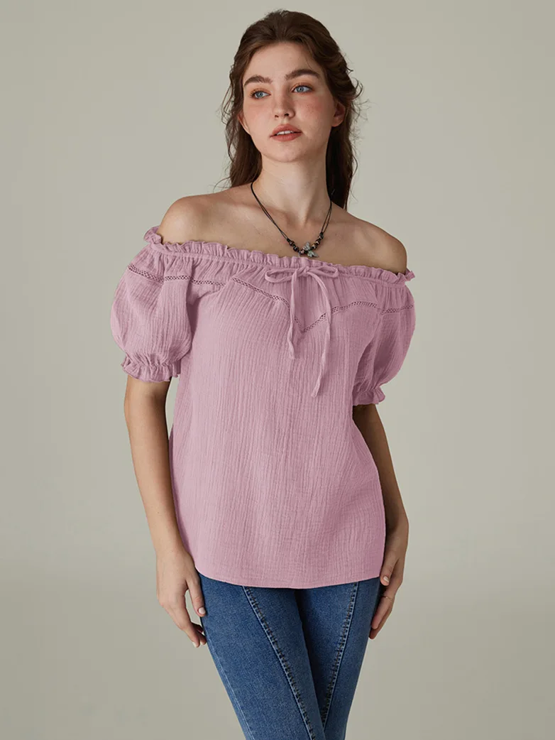 Renaissance Peasant Cotton Off Shoulder Lace-up Tops - Image 33