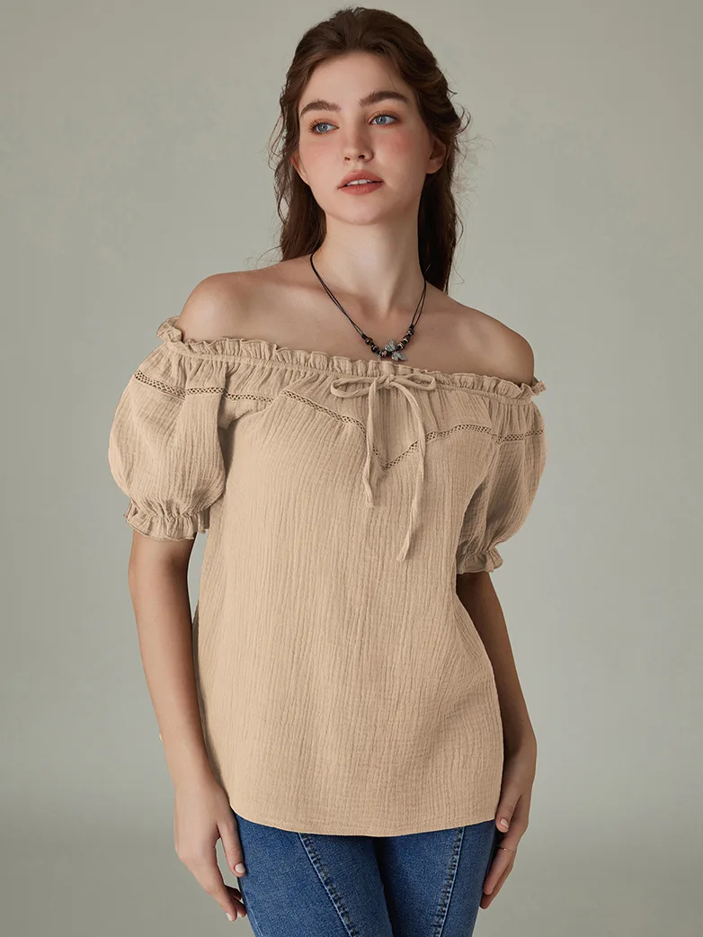 Renaissance Peasant Cotton Off Shoulder Lace-up Tops - Image 37