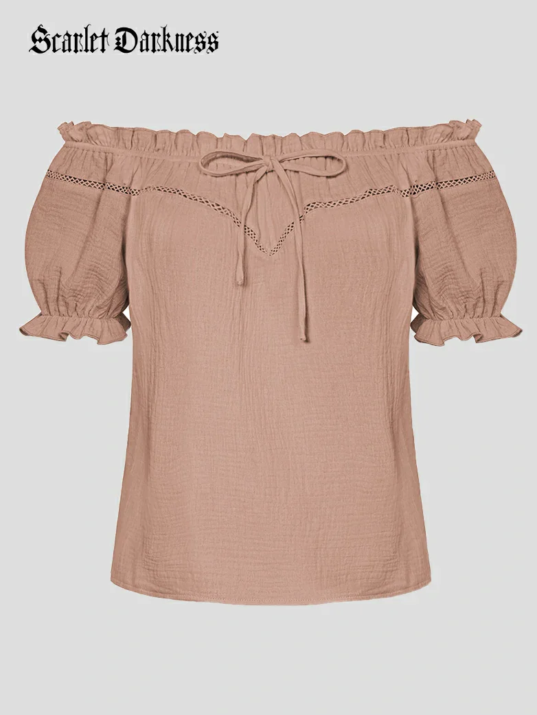 Renaissance Peasant Cotton Off Shoulder Lace-up Tops - Image 40