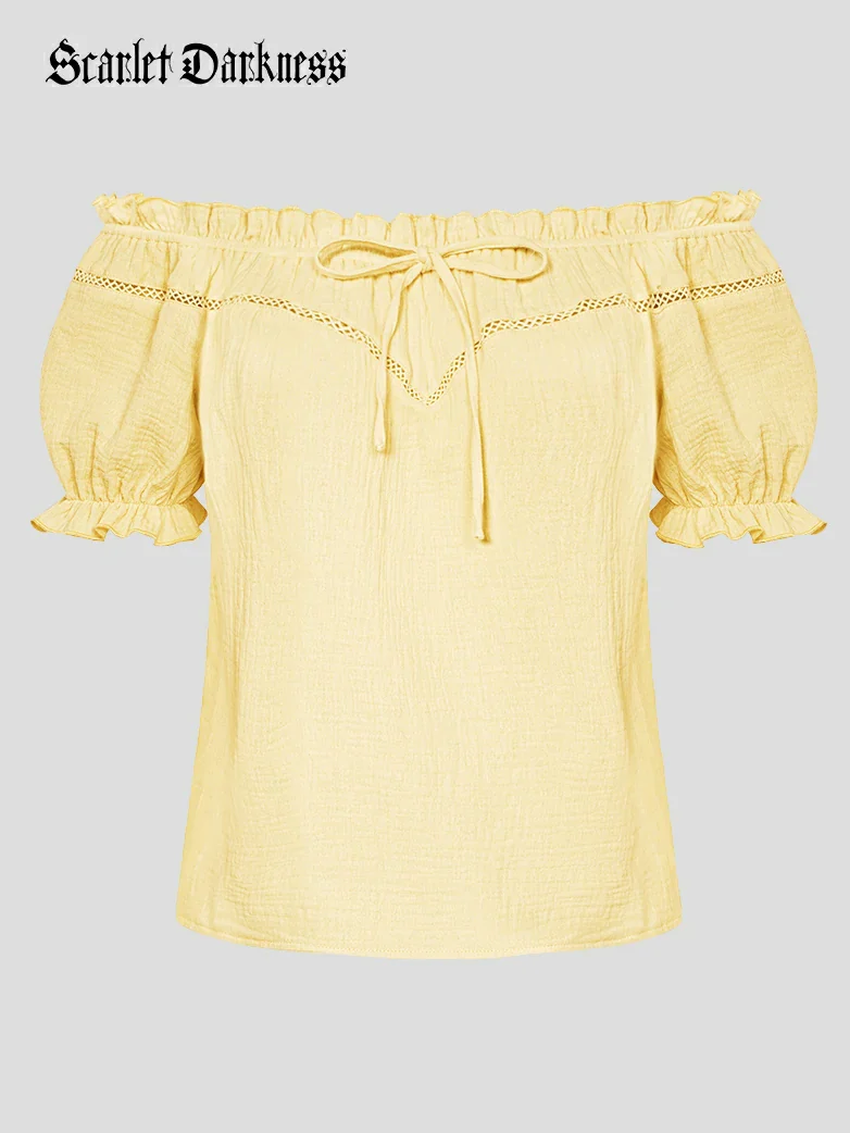 Renaissance Peasant Cotton Off Shoulder Lace-up Tops - Image 43