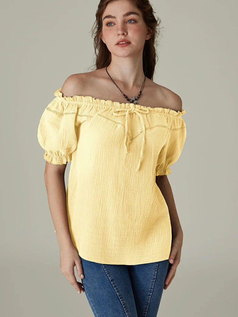 Renaissance Peasant Cotton Off Shoulder Lace-up Tops - Image 44