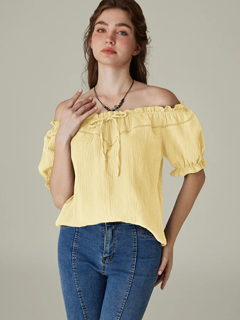 Renaissance Peasant Cotton Off Shoulder Lace-up Tops - Image 45