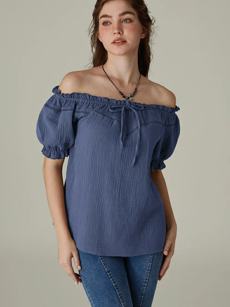 Renaissance Peasant Cotton Off Shoulder Lace-up Tops - Image 49